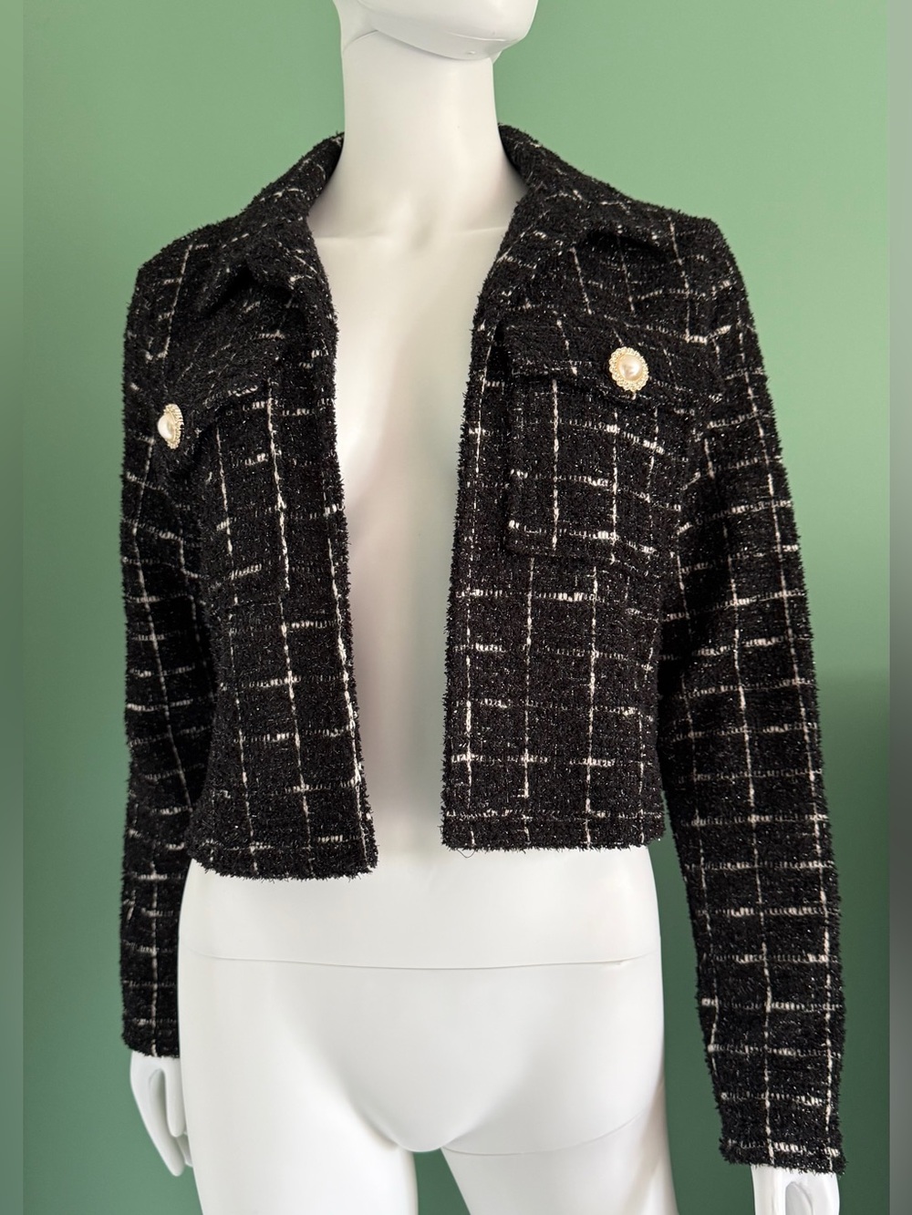 Sincerly Jules Black & White Tweed Cropped Blazer with Pearl Accent Buttons